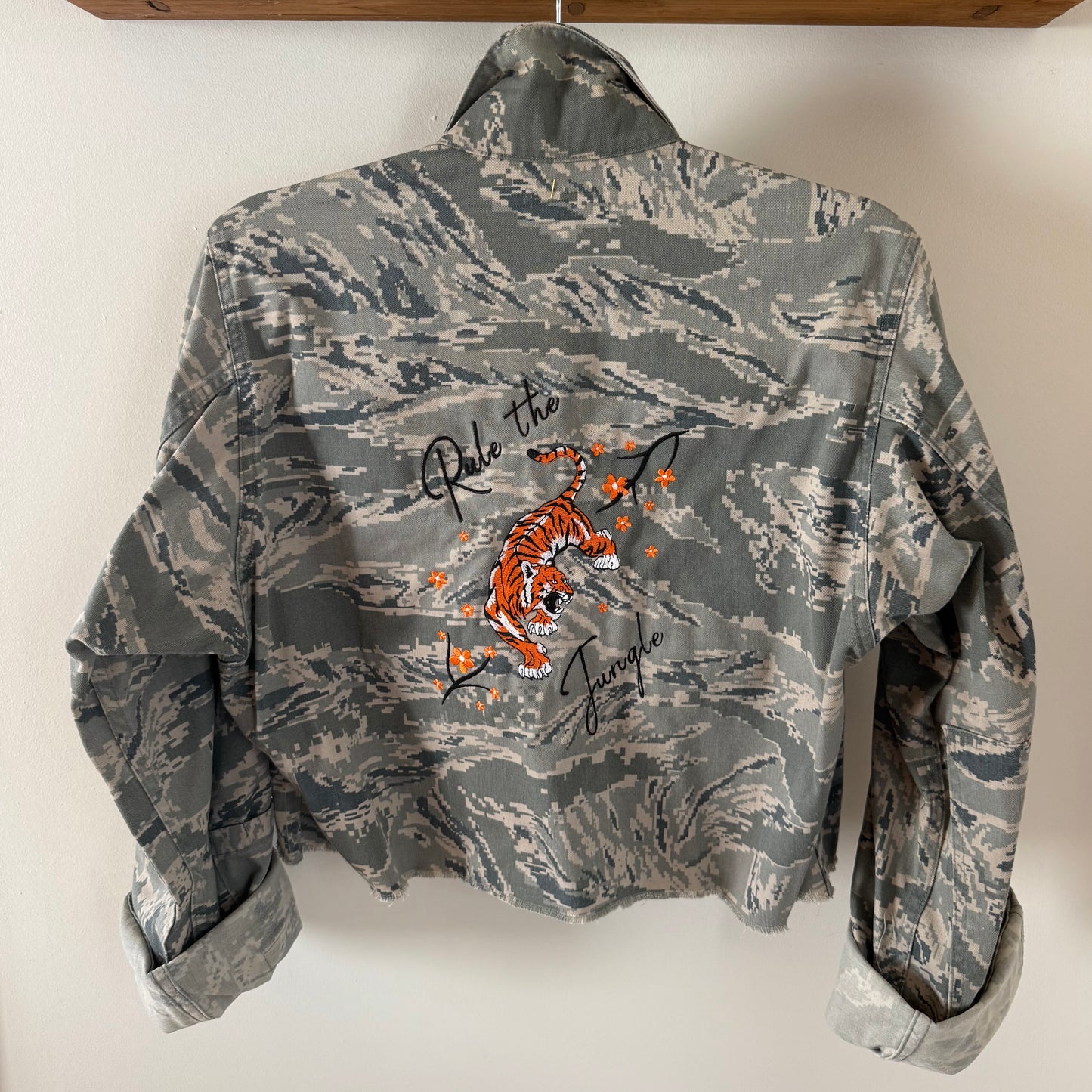 "Rule the Jungle"  Embroidered Upcycled Airforce Camo Cropped Jacket