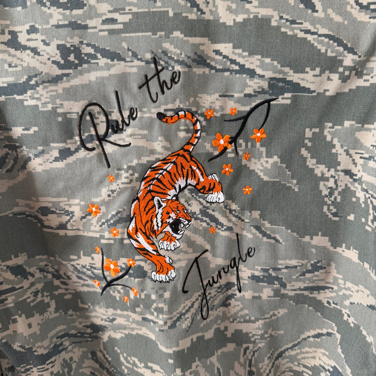 "Rule the Jungle"  Embroidered Upcycled Airforce Camo Cropped Jacket