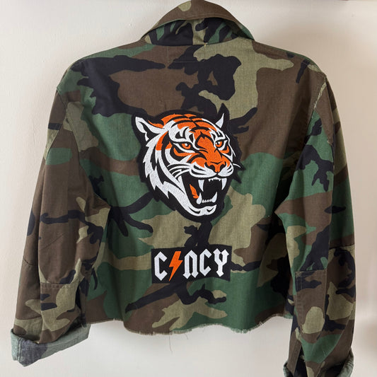 "C⚡️NCY"  Embroidered Upcycled Army Camo Cropped Jacket