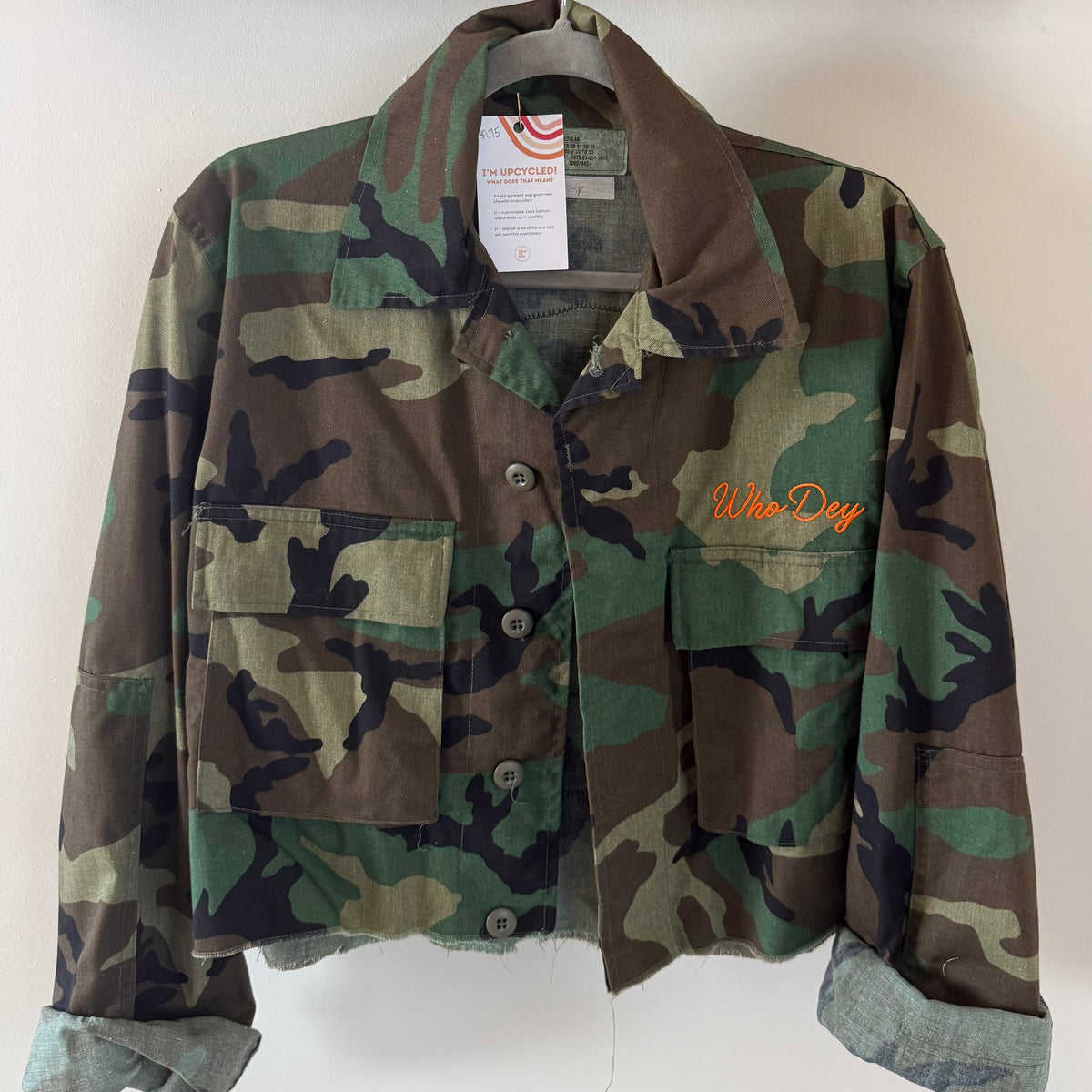 "C⚡️NCY"  Embroidered Upcycled Army Camo Cropped Jacket