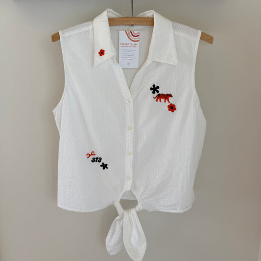 Bengals Babe Embroidered Upcycled Sleeveless White Button-Up Shirt