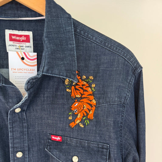 Men's Western Snap Denim Shirt with Embroidered Bengal Tigers