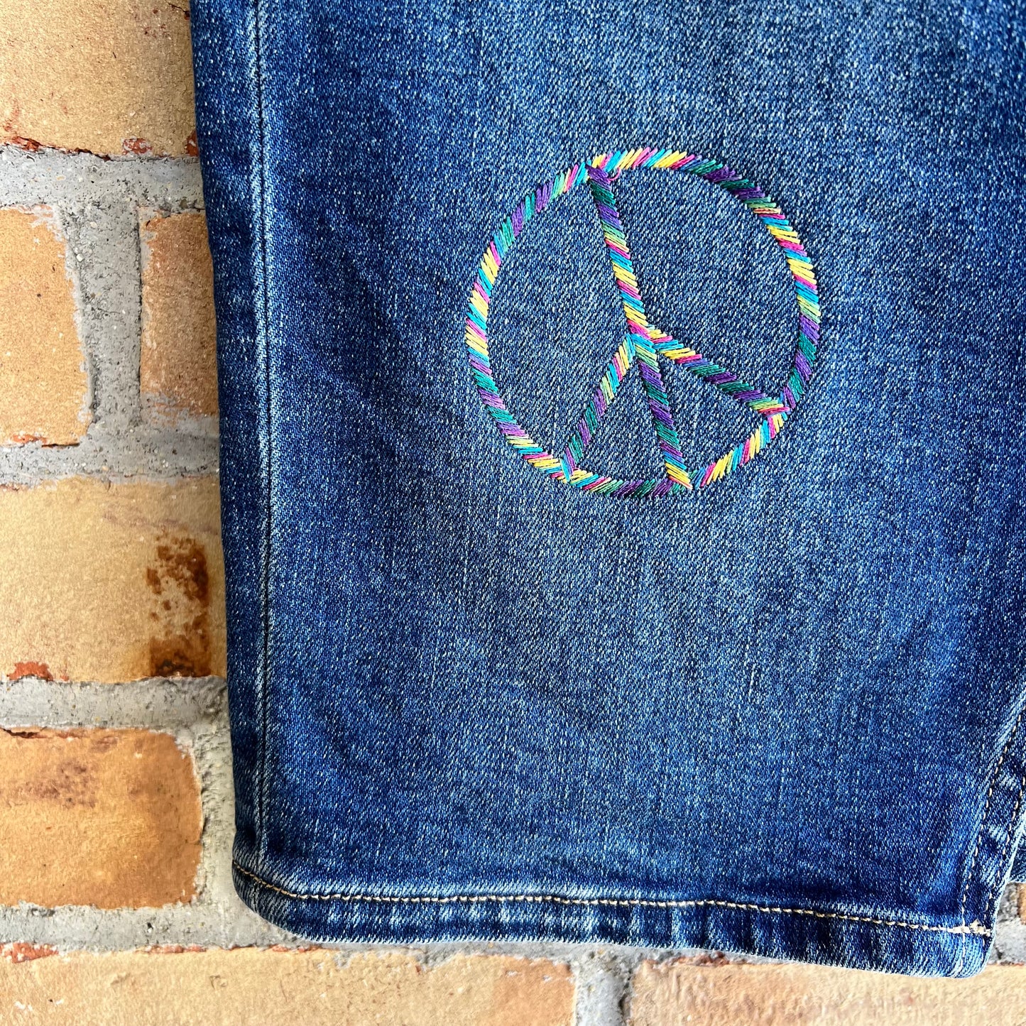 "Peace & Love" Upcycled Embroidered Denim Skirt