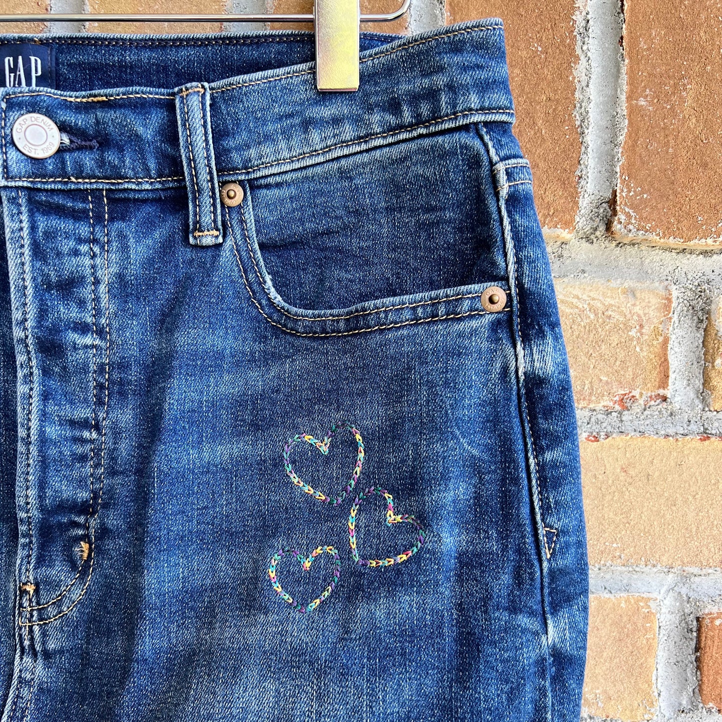 "Peace & Love" Upcycled Embroidered Denim Skirt