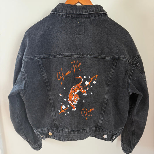 "Hear Me Roar" Embroidered Cincinnati Football Upcycled Black Denim Jacket