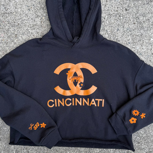 Cincinnati Football Embroidered Upcycled Cropped Faux Chanel Sweatshirt