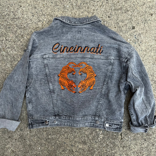 Cincinnati Football Embroidered Upcycled Stonewashed Black Denim Jacket