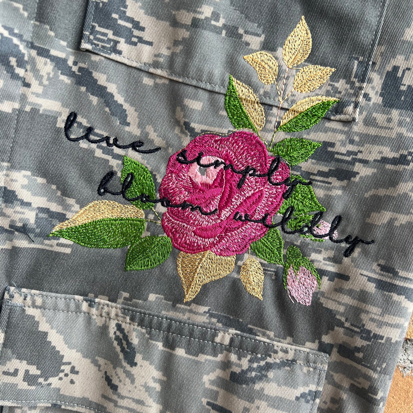 "Stay Wild" Upcycled Embroidered Air Force Camo Jacket