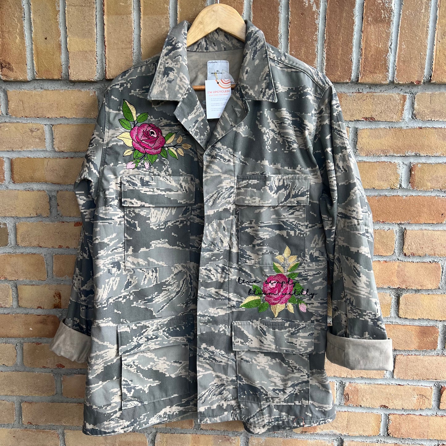 "Stay Wild" Upcycled Embroidered Air Force Camo Jacket