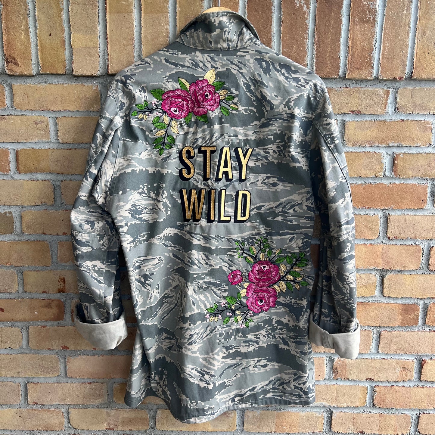 "Stay Wild" Upcycled Embroidered Air Force Camo Jacket