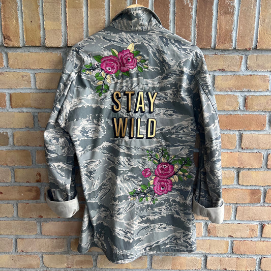 "Stay Wild" Upcycled Embroidered Air Force Camo Jacket