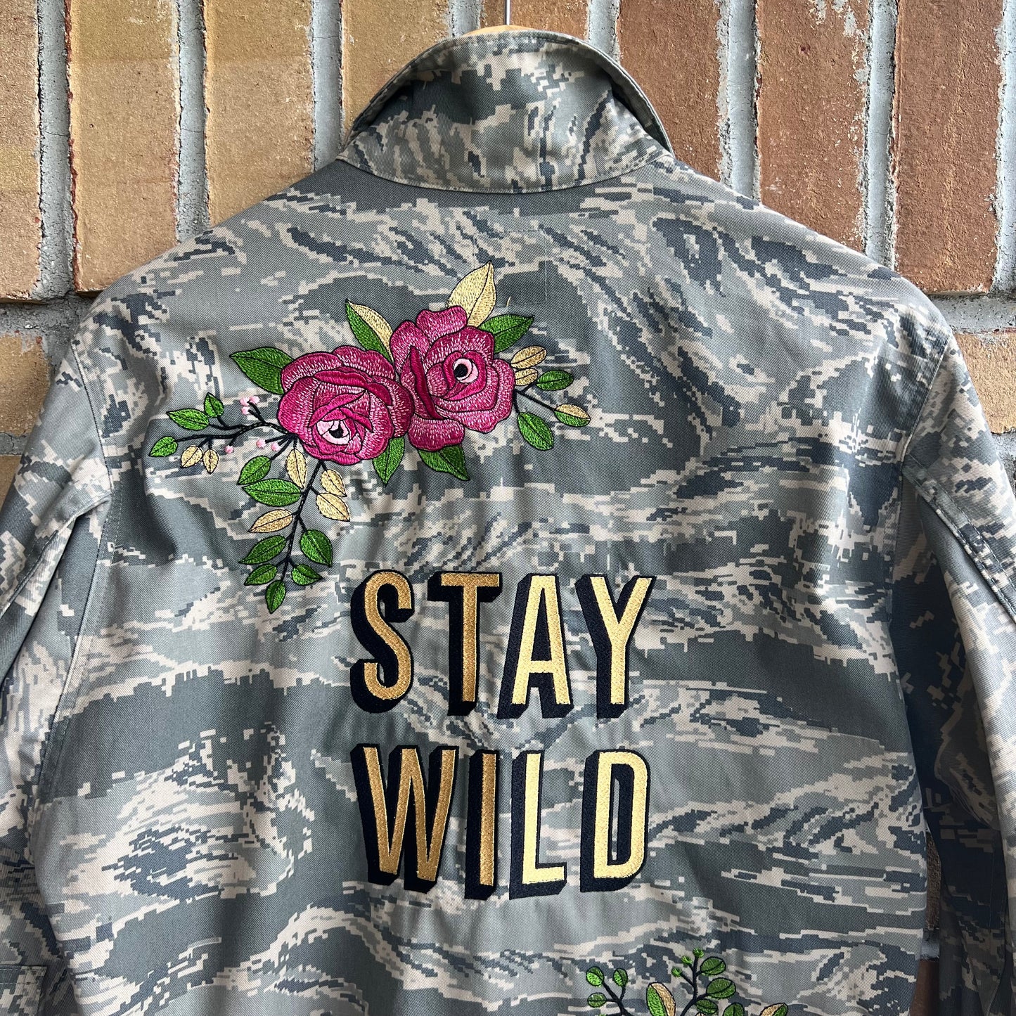 "Stay Wild" Upcycled Embroidered Air Force Camo Jacket