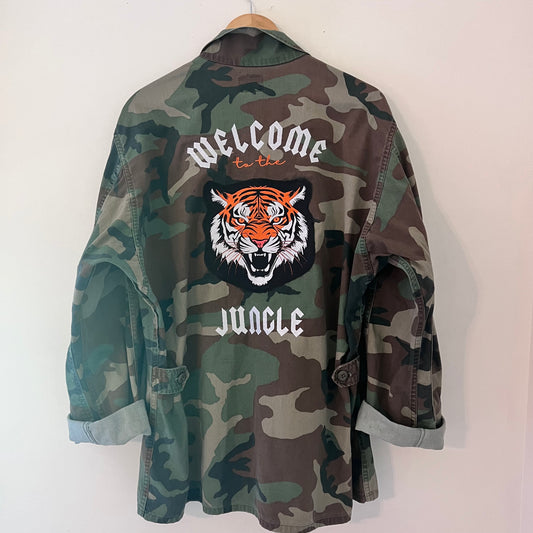 "Welcome to the Jungle" Cincinnati Bengals Upcycled Army Camo Jacket