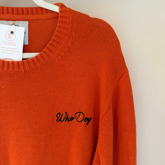 Who Dey Embroidered Upcycled Men's Orange Sweater
