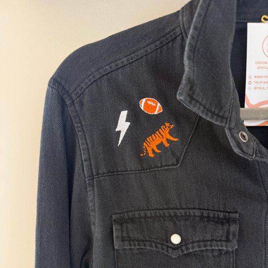 Bengals Upcycled Western Black Denim Snap-Button Shirt