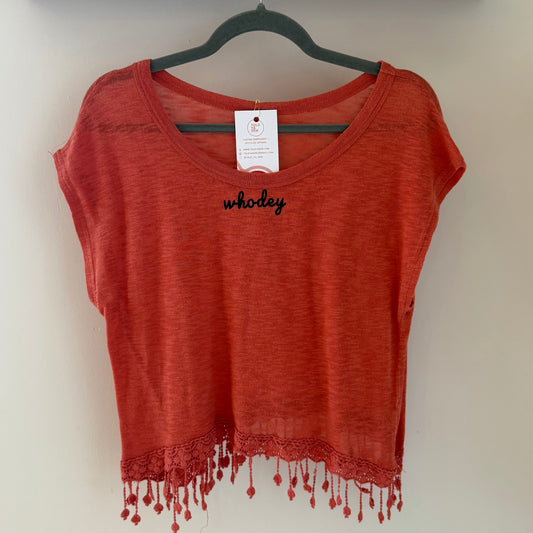 Who Dey Embroidered Upcycled Women's Boho Fringed Top