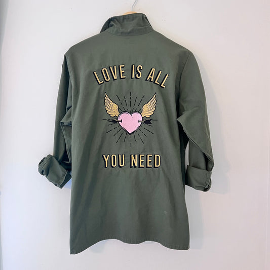 "Love is All You Need" Upcycled Army Surplus Shirt