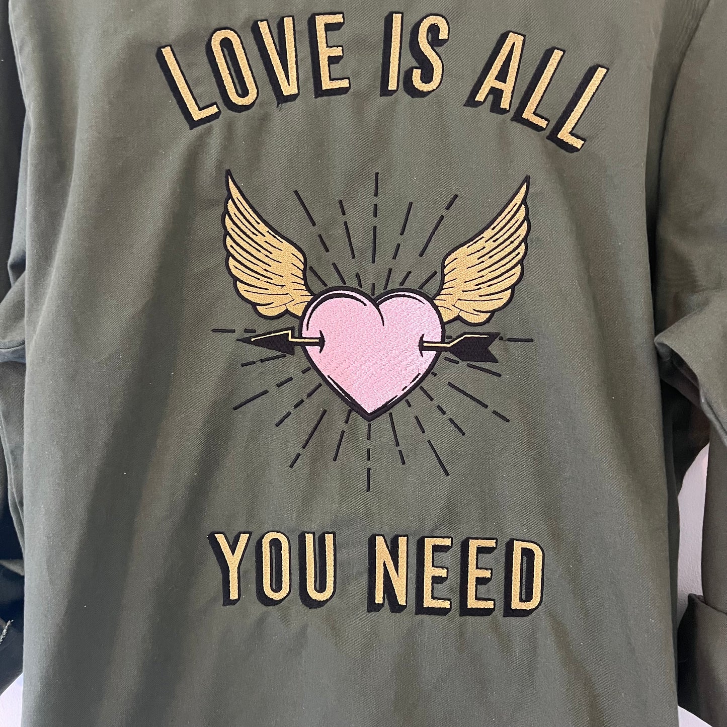 "Love is All You Need" Upcycled Army Surplus Shirt