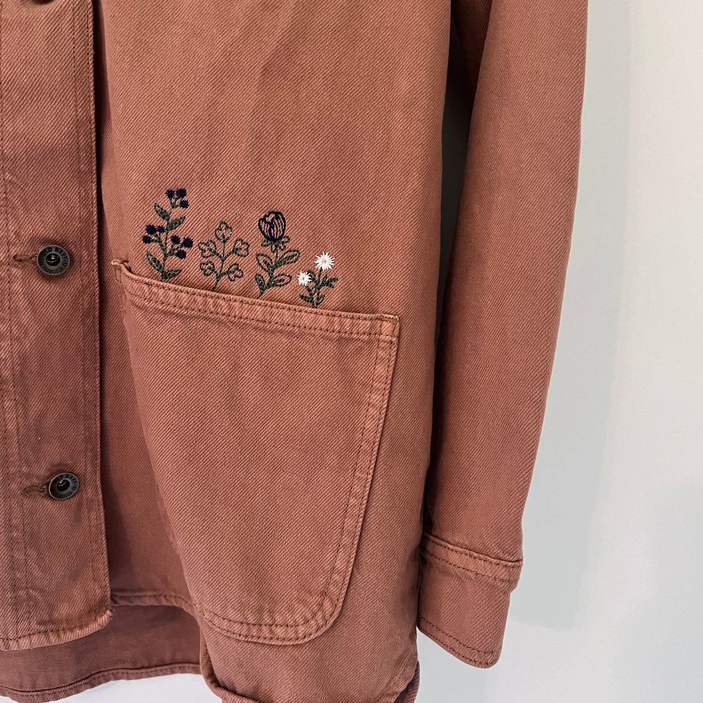 Upcycled Embroidered Pocket Flowers Canvas Barn Jacket