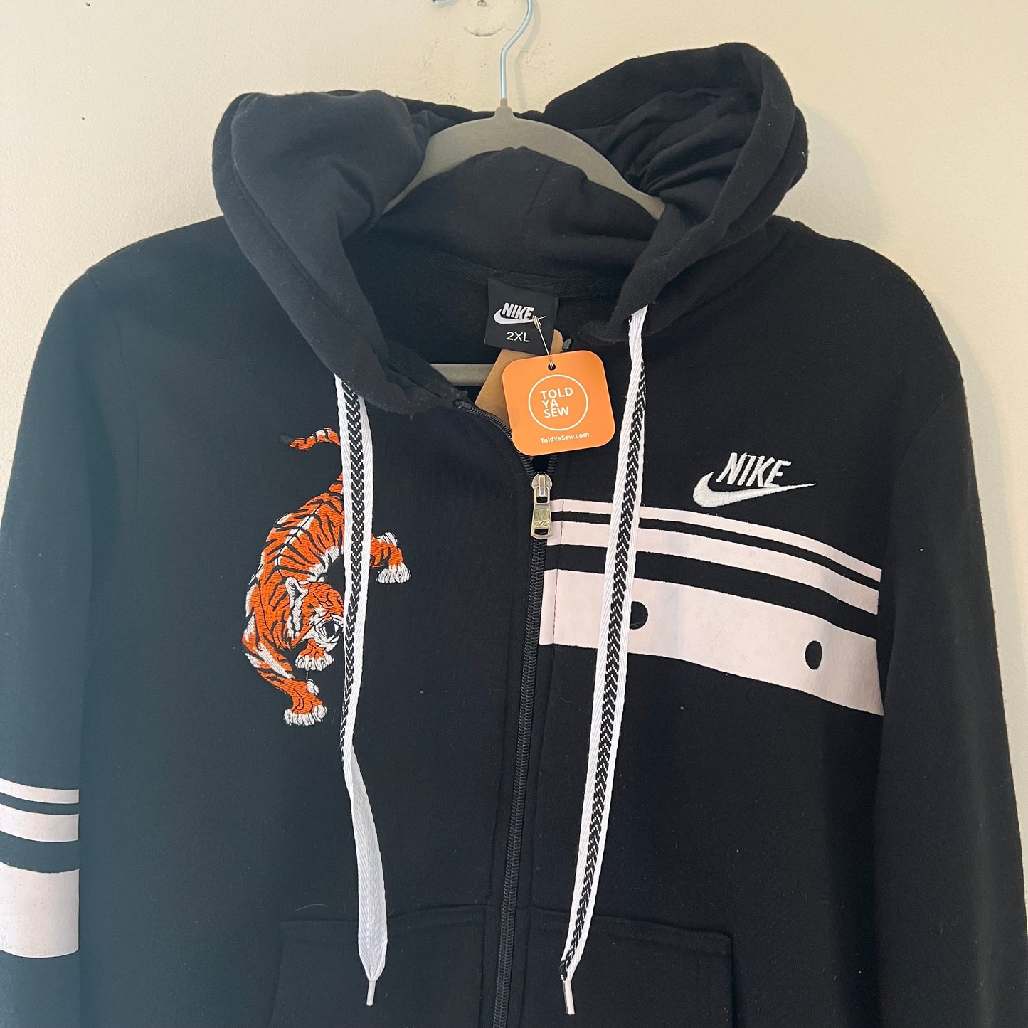 Upcycled Nike Zip-Up Hoodie with Embroidered Tiger