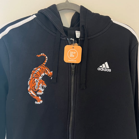 Upcycled Adidas Zip-Up Hoodie with Embroidered Tiger