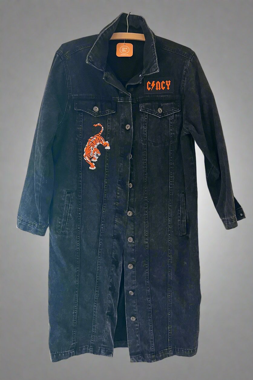 Upcycled Cincy Football Embroidered Denim Duster Jacket