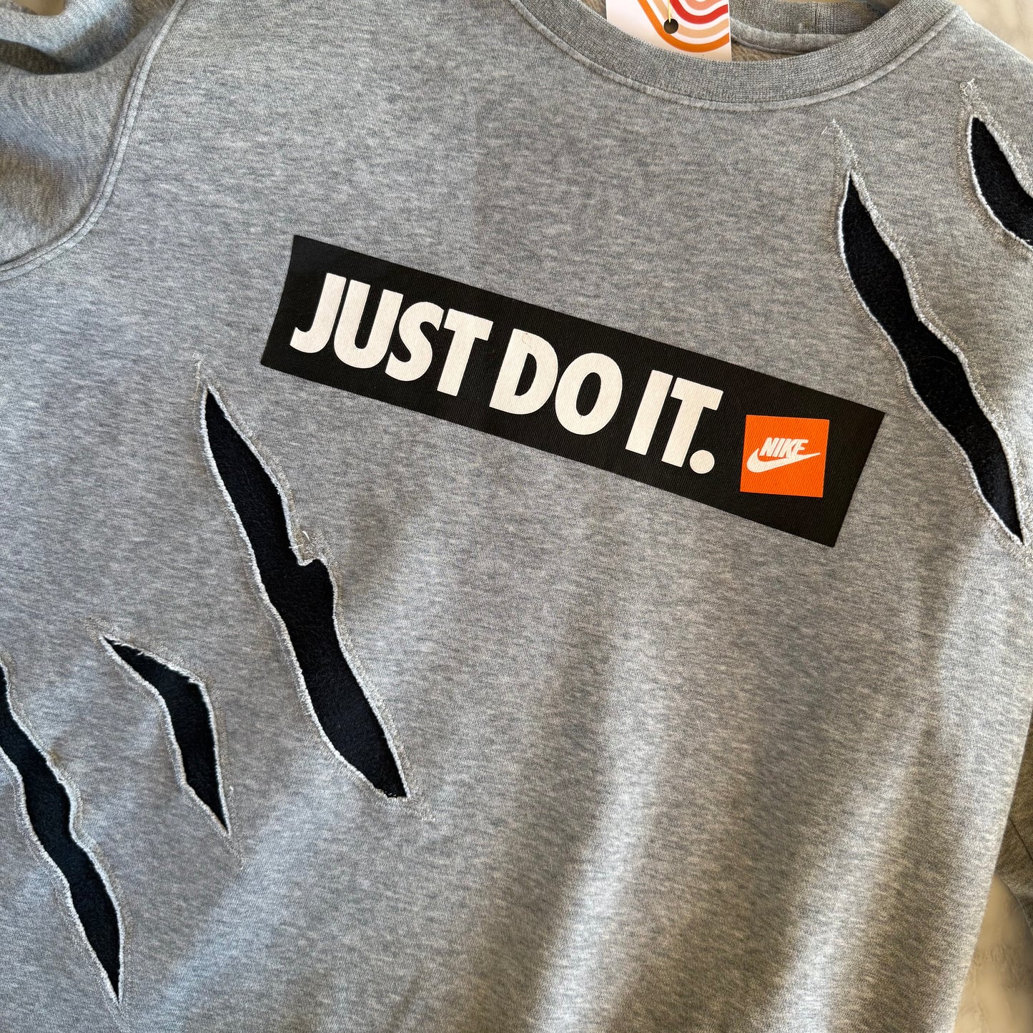 Just Do It Striped Reverse Appliqued Upcycled Nike Crewneck