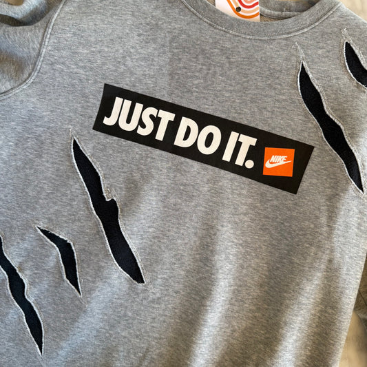 Just Do It Striped Reverse Appliqued Upcycled Nike Crewneck
