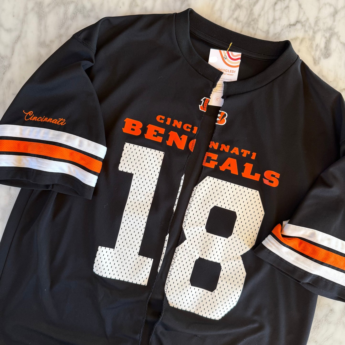 Reworked Cincinnati Bengals #18 AJ Green Ringer-Sleeve Tee