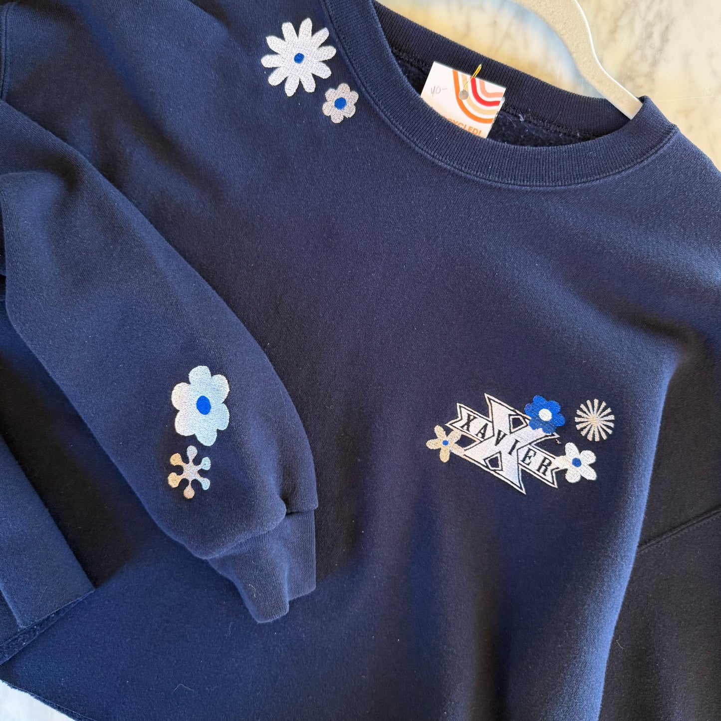 Xavier University Floral Embroidered Upcycled Cropped Crewneck