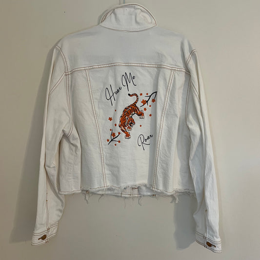 "Hear Me Roar" Embroidered Upcycled White Denim Jacket