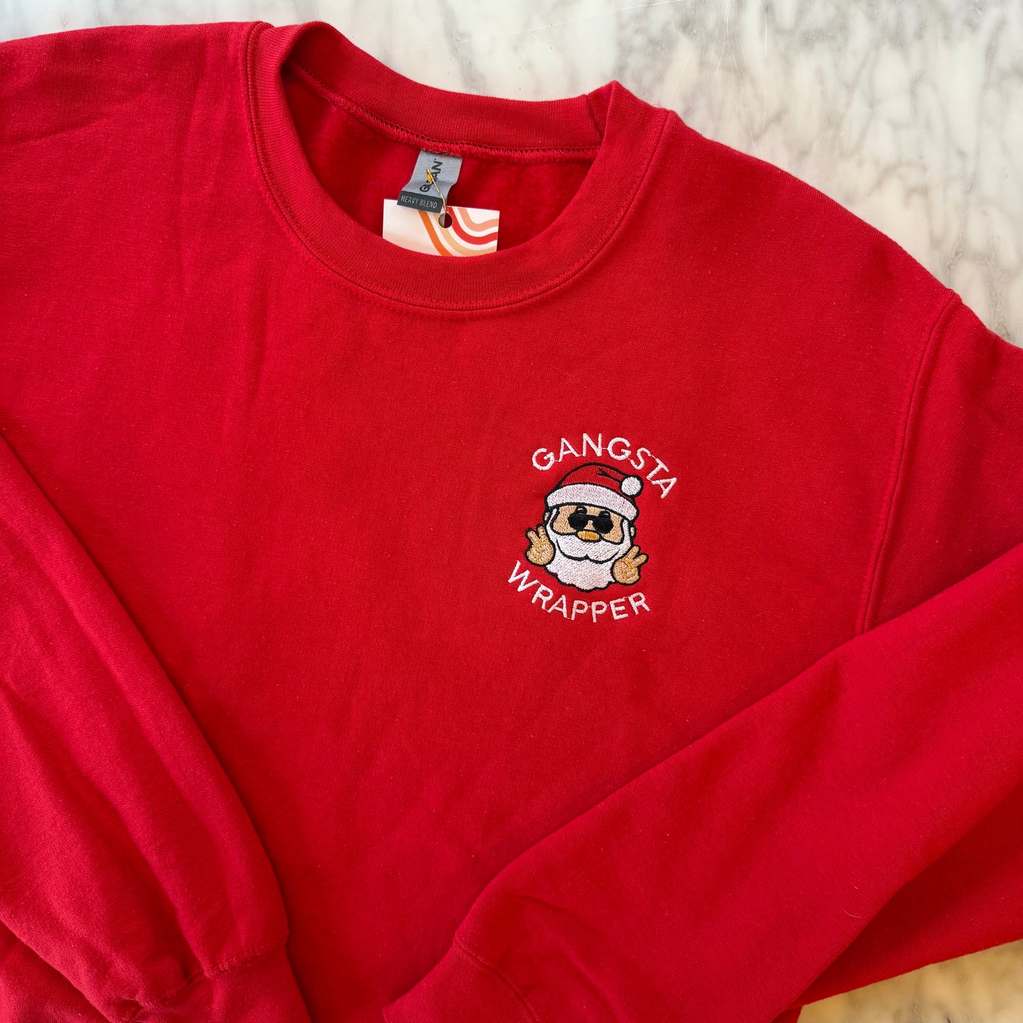 "Gangsta Wrapper" Embroidered Upcycled Red Crewneck