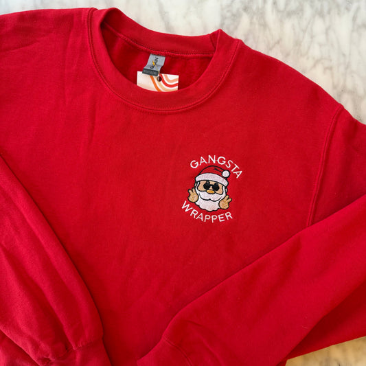 "Gangsta Wrapper" Embroidered Upcycled Red Crewneck