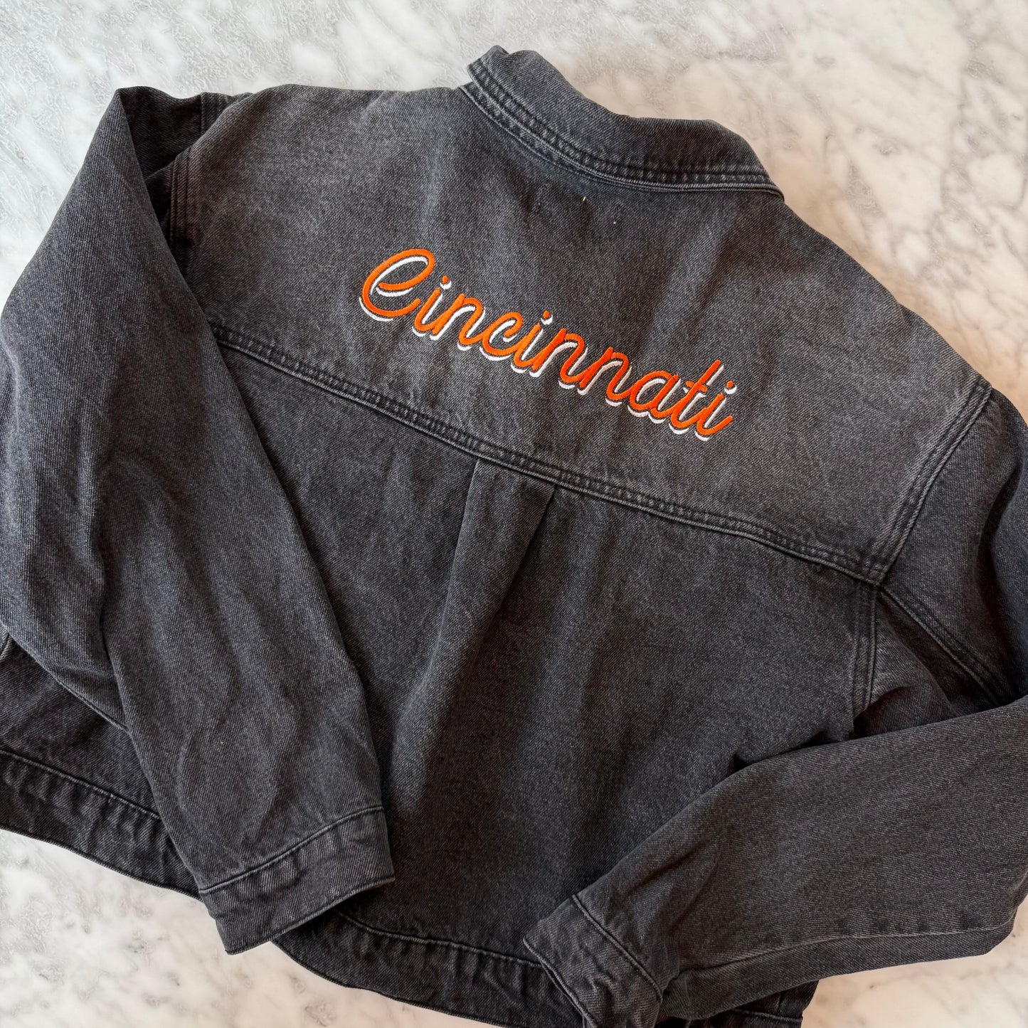 Cincinnati Football Embroidered Black Stonewash Denim Jacket