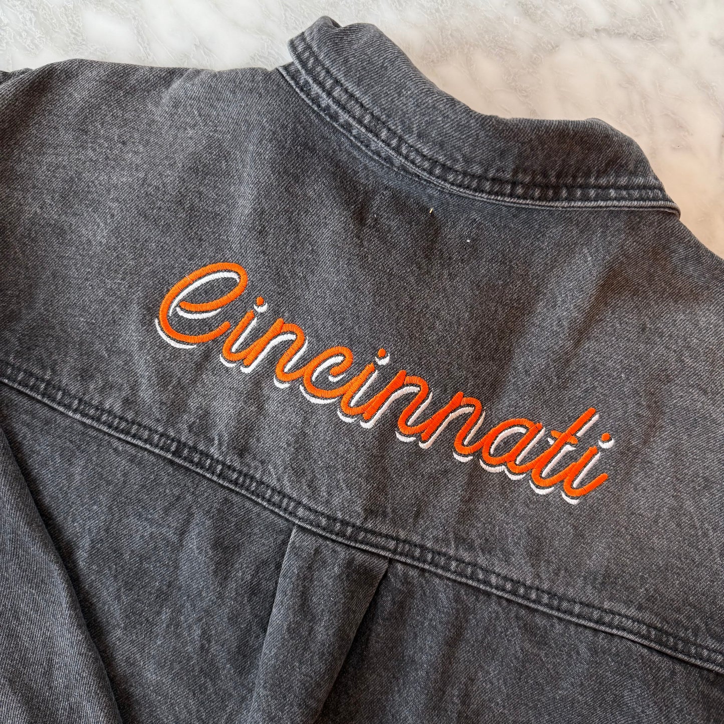 Cincinnati Football Embroidered Black Stonewash Denim Jacket