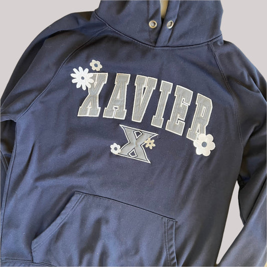 Upcycled Xavier University Hoodie with Embroidered Flowers