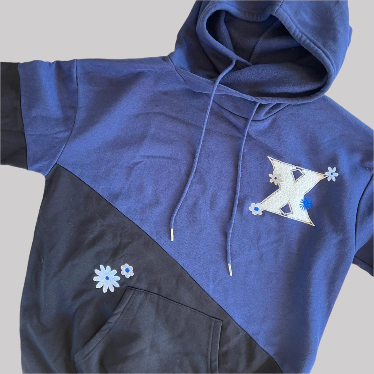 Upcycled Xavier University Color Block Hoodie with Embroidered Flowers