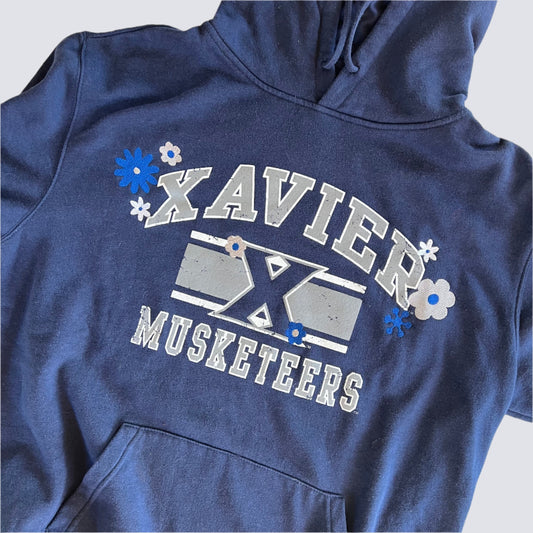 Upcycled Xavier University Hoodie with Embroidered Flowers