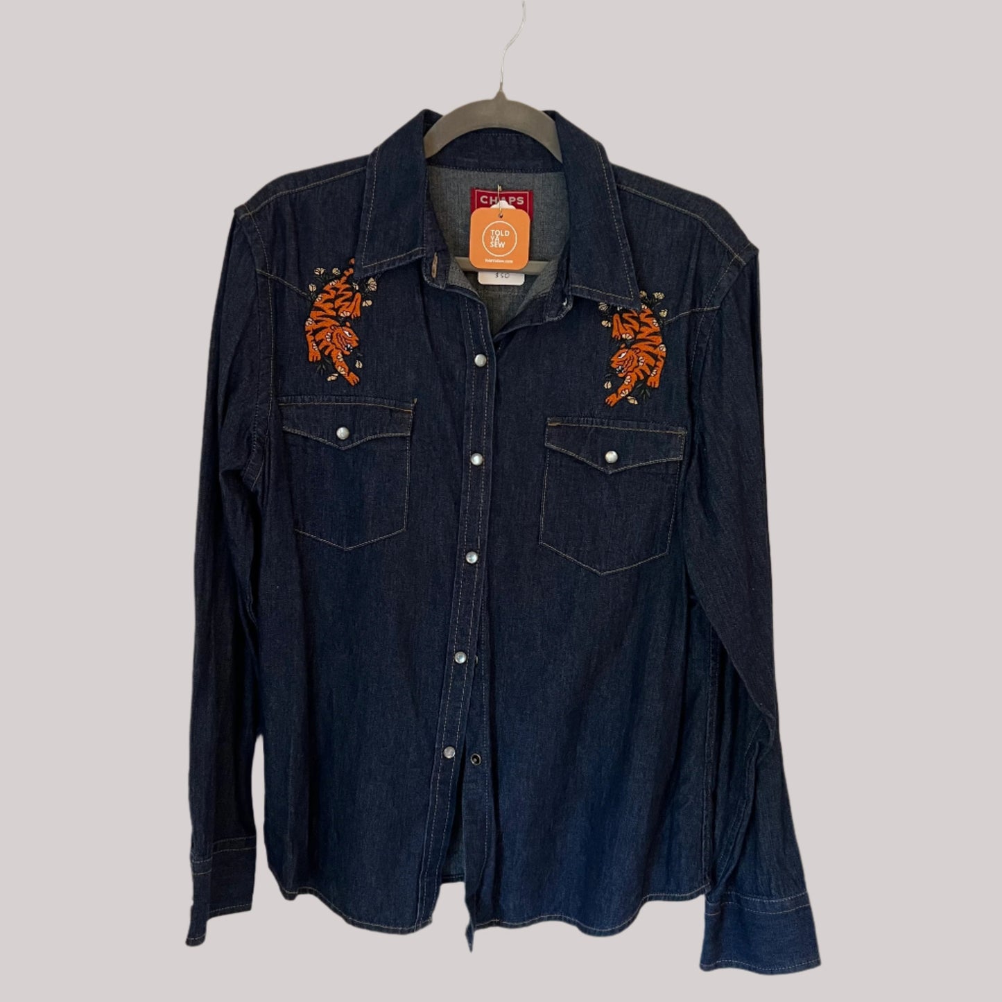 Western-Style Denim Shirt with Embroidered Bengal Tigers