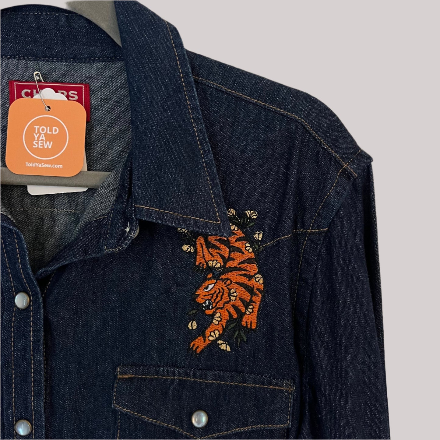 Western-Style Denim Shirt with Embroidered Bengal Tigers