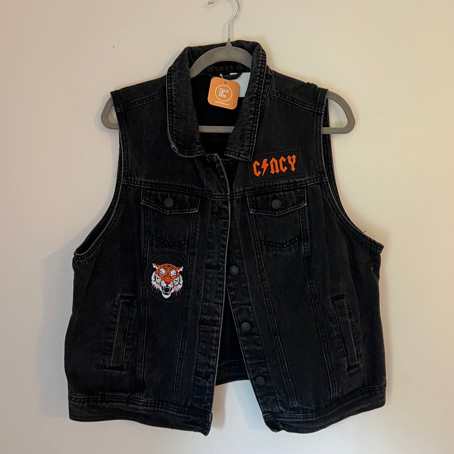 Cincy Bengals Embroidered Patches Upcycled Black Denim Vest