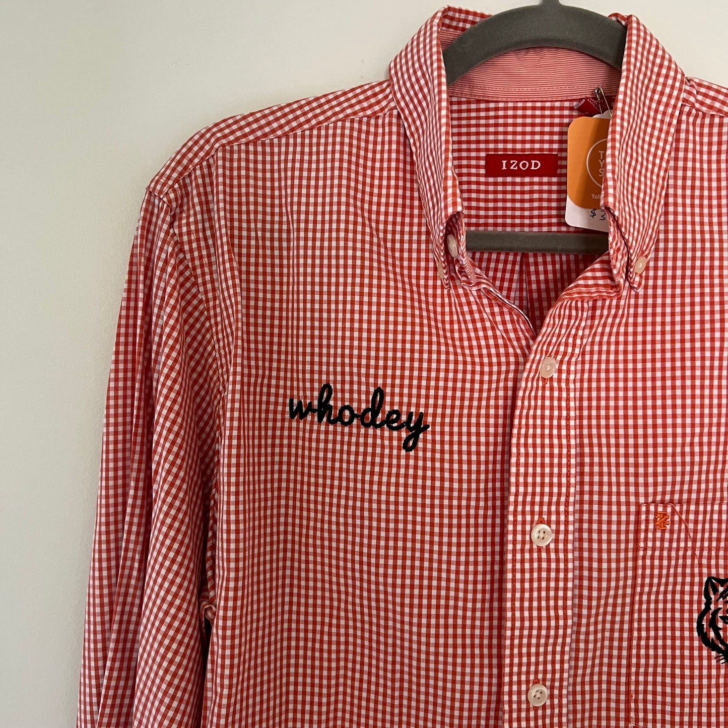 Upcycled Embroidered Who-Dey Orange Checkered Dress Shirt