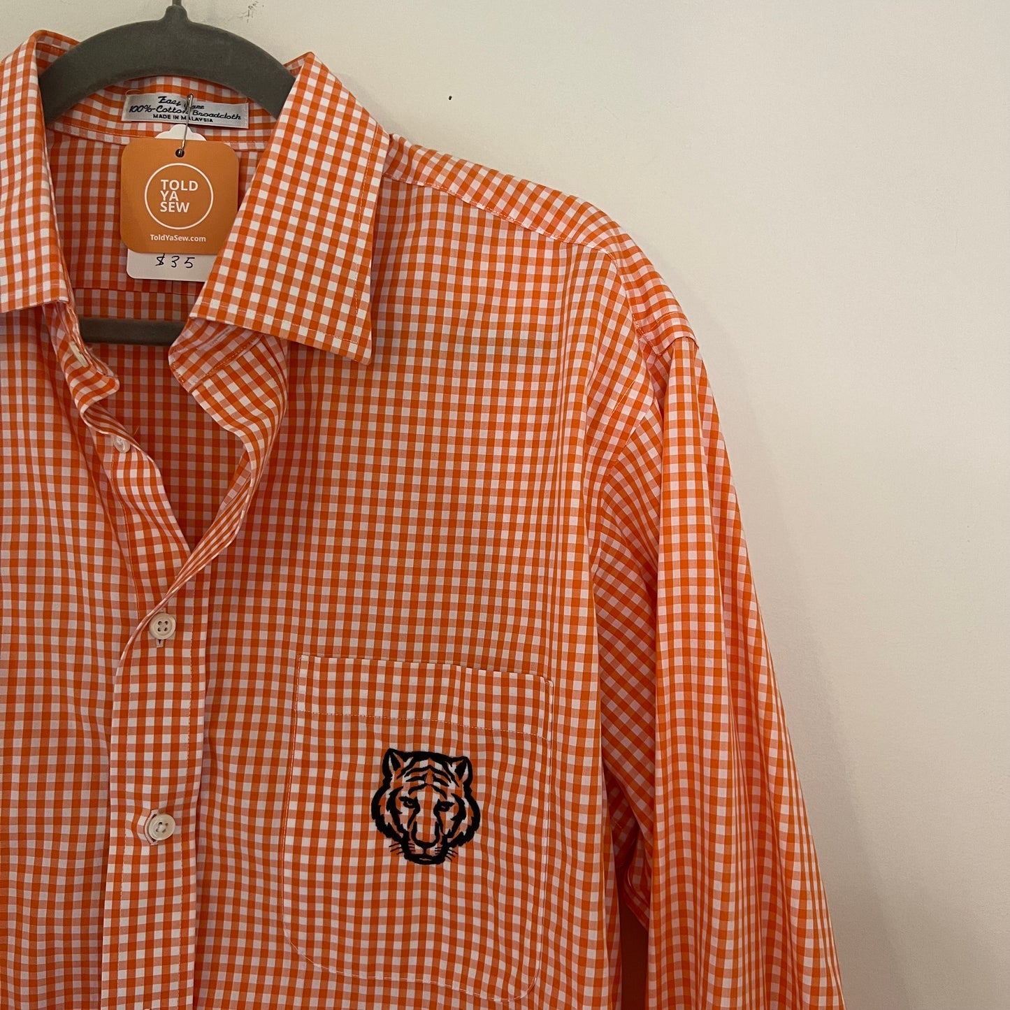 Upcycled Embroidered Who-Dey Orange Checkered Dress Shirt