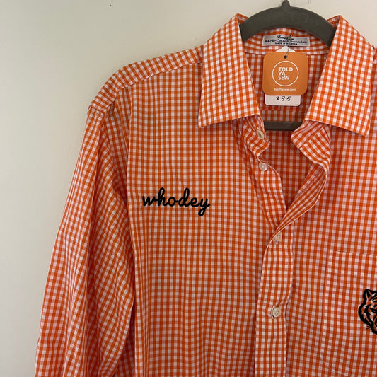 Upcycled Embroidered Who-Dey Orange Checkered Dress Shirt