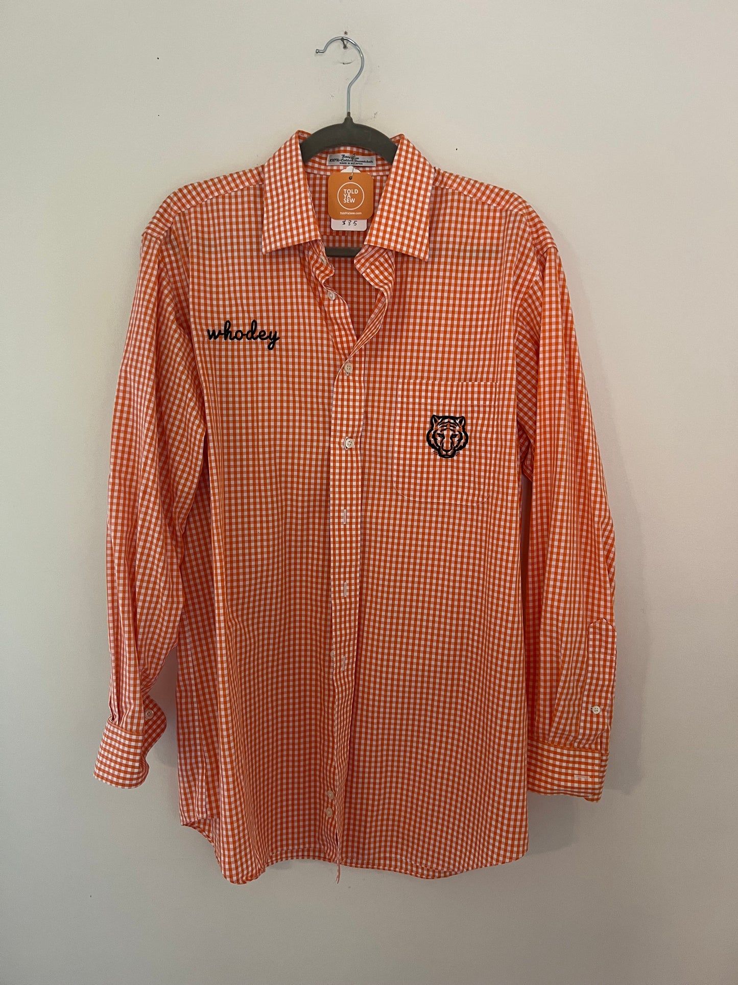 Upcycled Embroidered Who-Dey Orange Checkered Dress Shirt