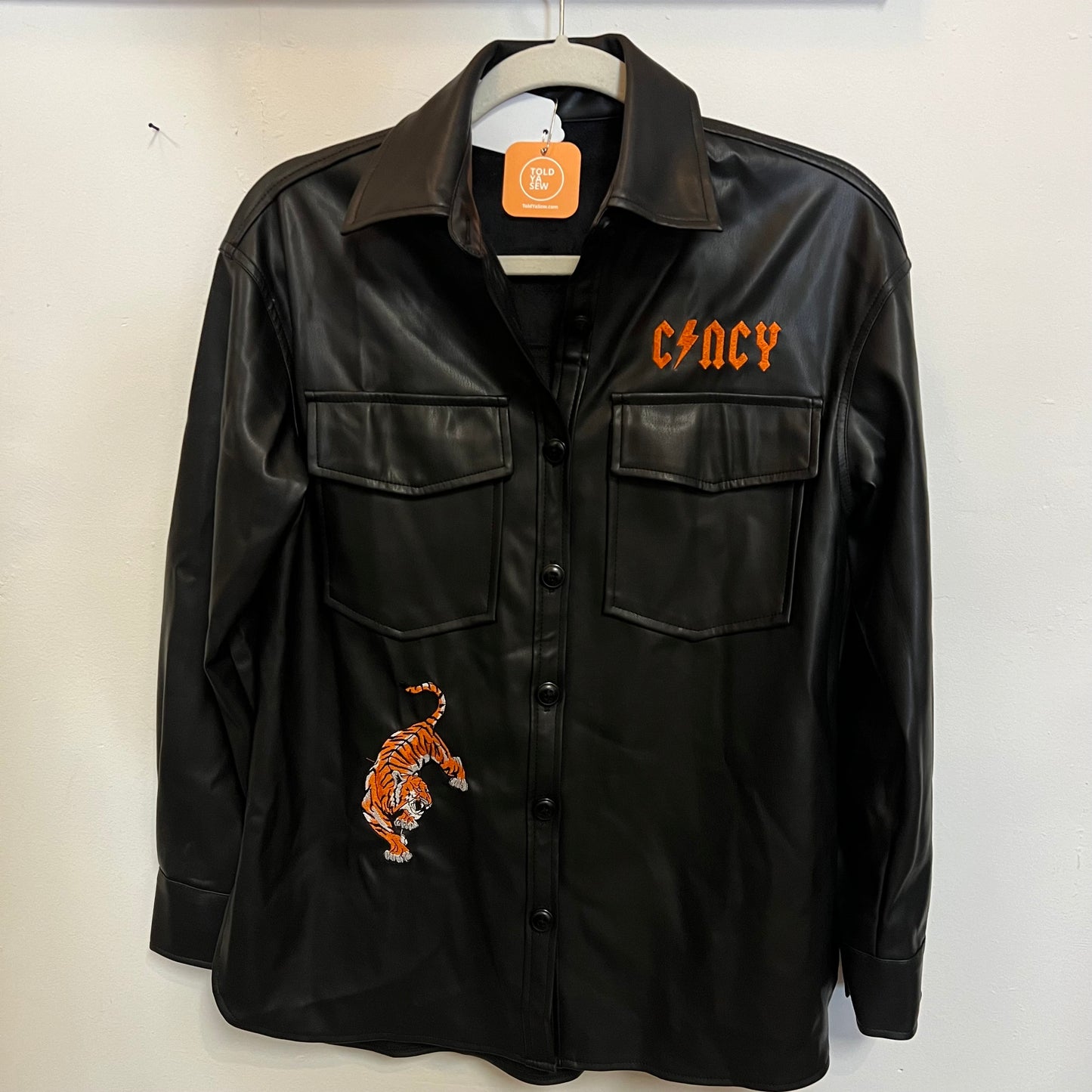 Cincy Bengal Tiger Embroidered Upcycled Faux Leather Shirt