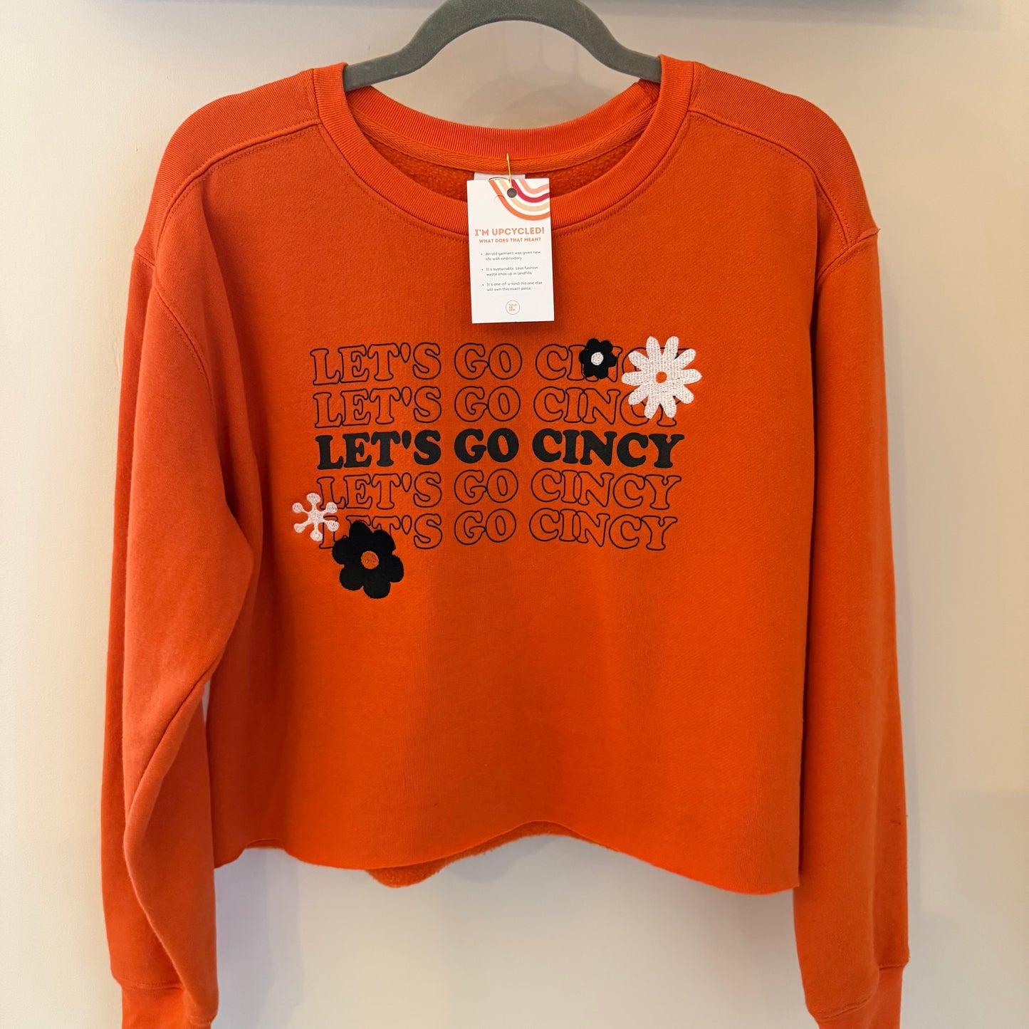 "Let's Go Cincy" Embroidered Flowers Upcycled Orange Cropped Sweatshirt