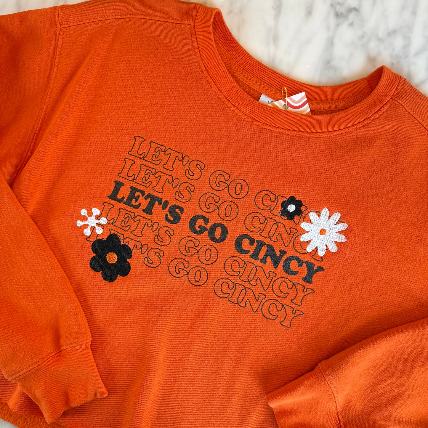 "Let's Go Cincy" Embroidered Flowers Upcycled Orange Cropped Sweatshirt