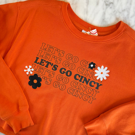 "Let's Go Cincy" Embroidered Flowers Upcycled Orange Cropped Sweatshirt
