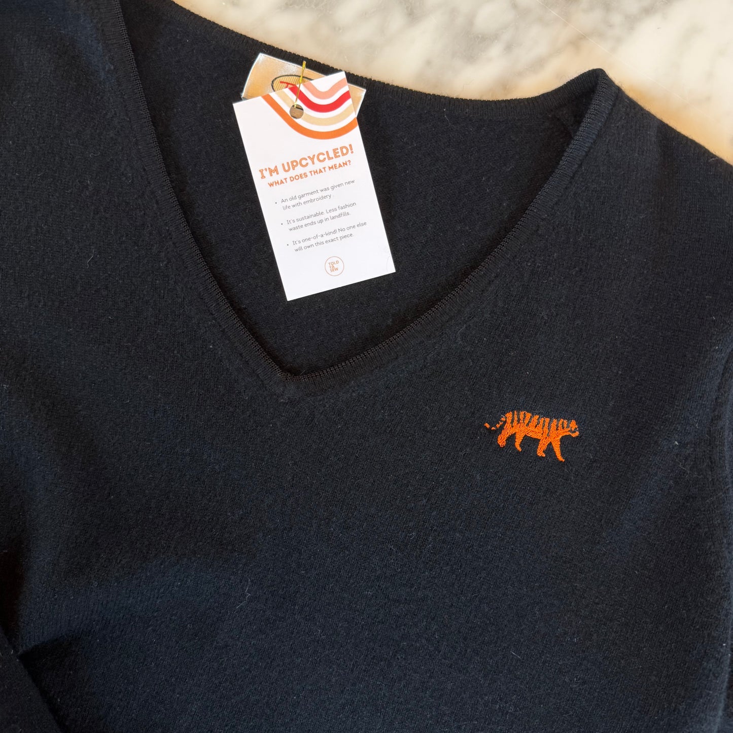 Bengal Tiger Embroidered Upcycled 100% Cashmere Sweater